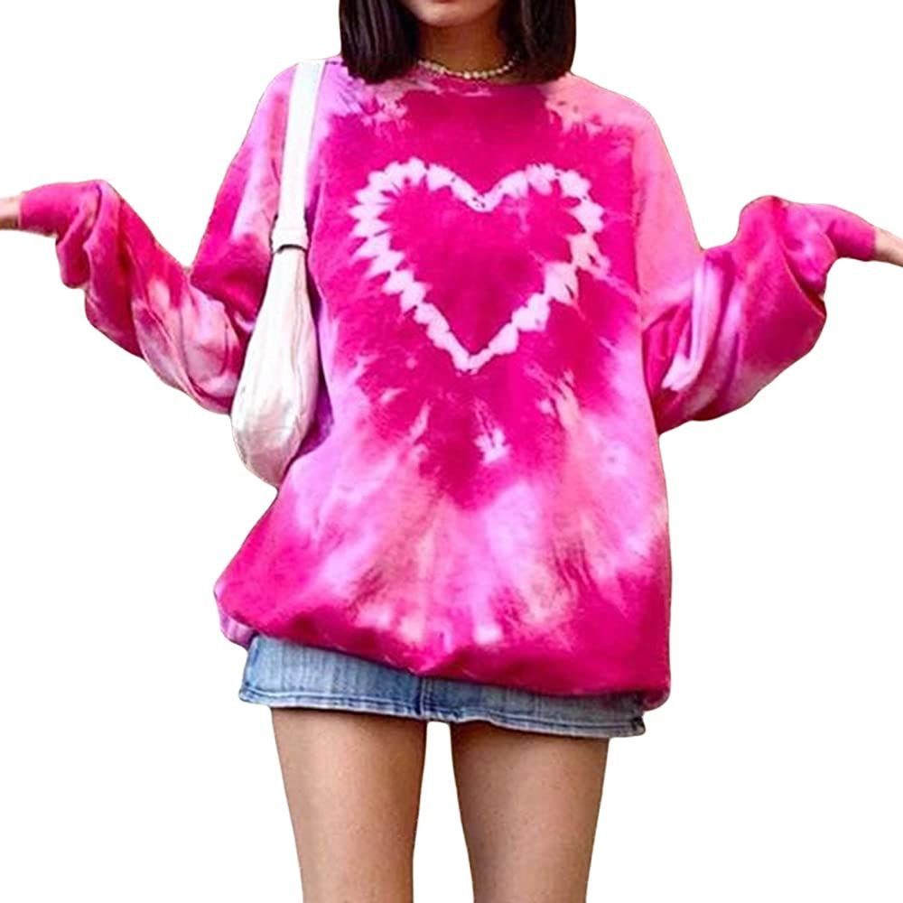 Women's Valentine's Day Heart Print Sweatshirt Long Sleeve Round Neck Tie Dye Print Oversize Casual  | Amazon (US)