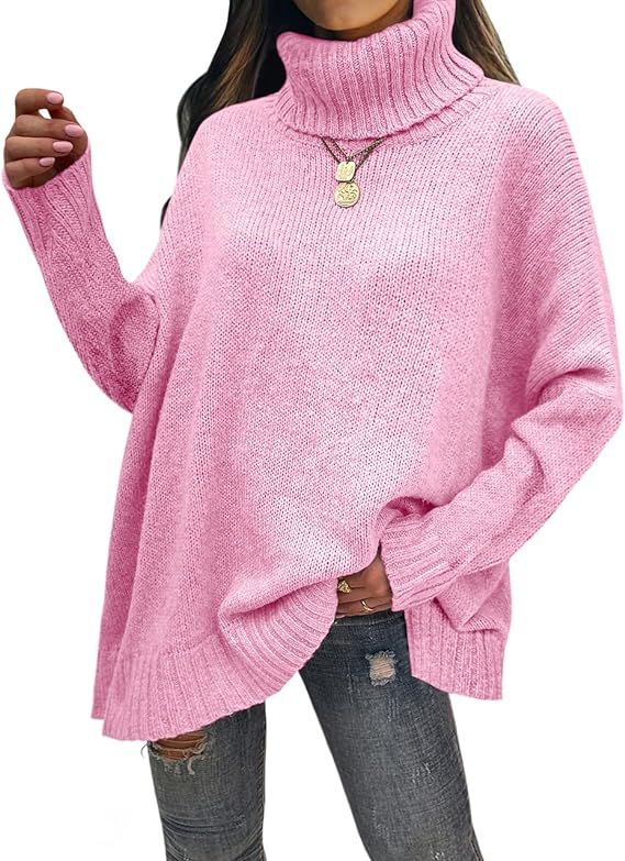 Amazon.com: Womens Turtleneck Sweaters Long Sleeve Pullover Oversized Knit Sweater Side Split Loo... | Amazon (US)