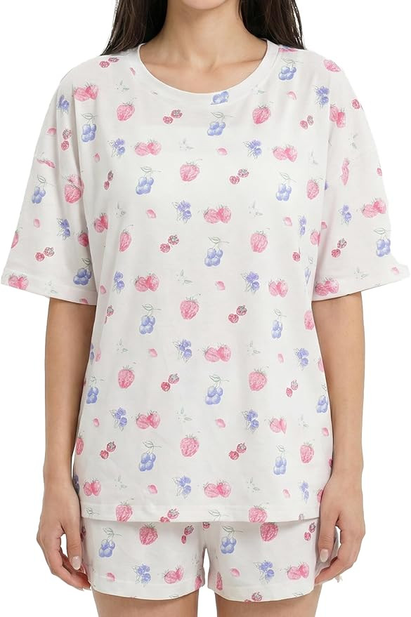 Women's Short Sleeve T-Shirt Pajama Sets Summer Soft Fruit Print Relaxed Fit Lounge Sleepwear | Amazon (US)