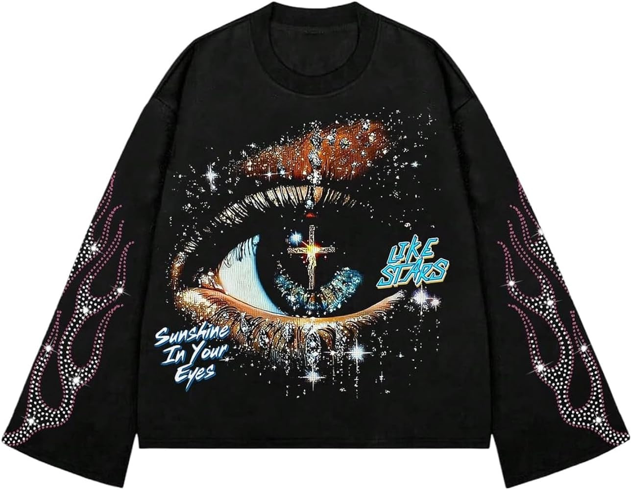 Verdusa Men's Rhinestone Graphic Tees Y2K Long Sleeve Tee Shirts Eye Print Crop Tops Hip Hop Stre... | Amazon (US)