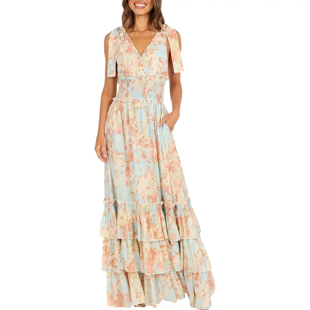 Petal & Pup Christabel Floral Print Sleeveless Tiered Maxi Dress in Blue Floral at Nordstrom, Size Large | Nordstrom