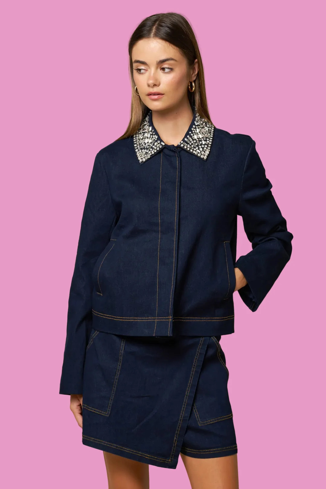 Crystal Embellished Collar Denim Jacket | Teggy French