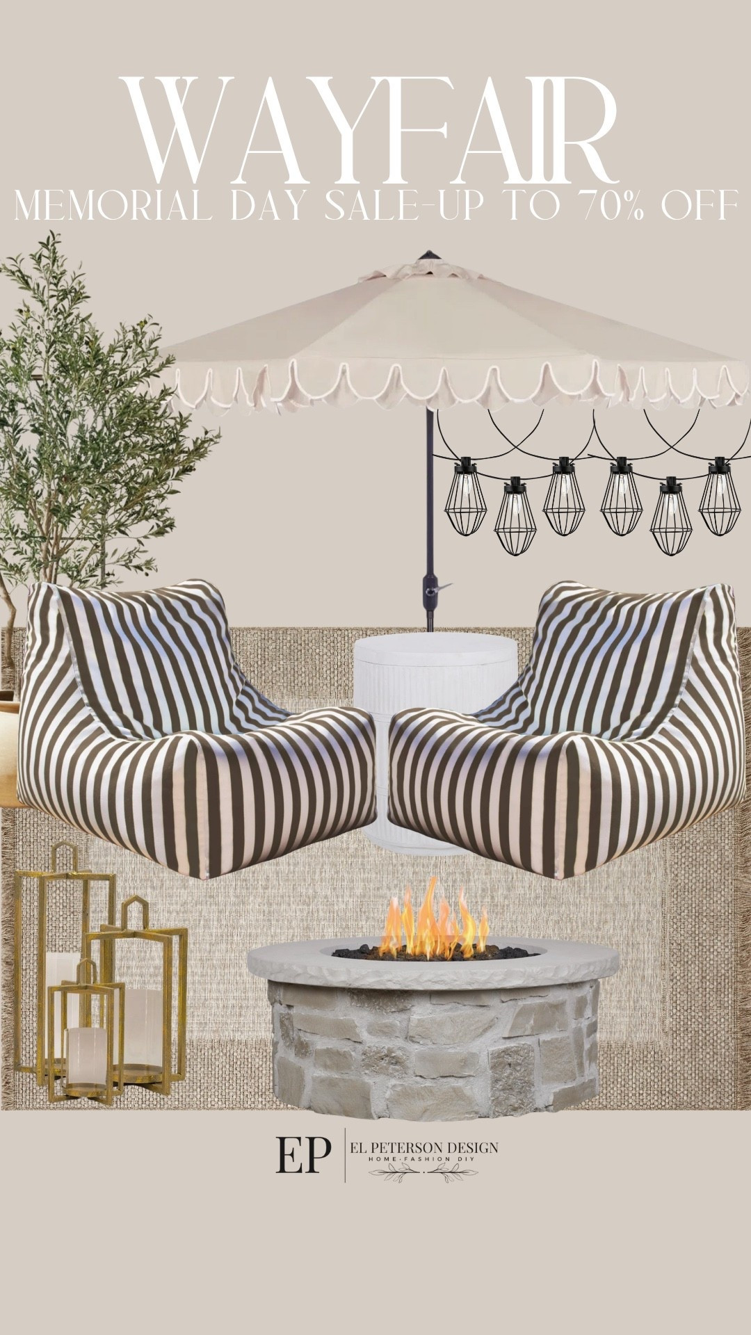 Wayfair 
Memorial Day Sale- up to 70% off
Bean bag
Fire pit
String lights
Floor lantern 
Olive tree
Outdoor umbrella
Rug

#LTKSaleAlert #LTKHome
