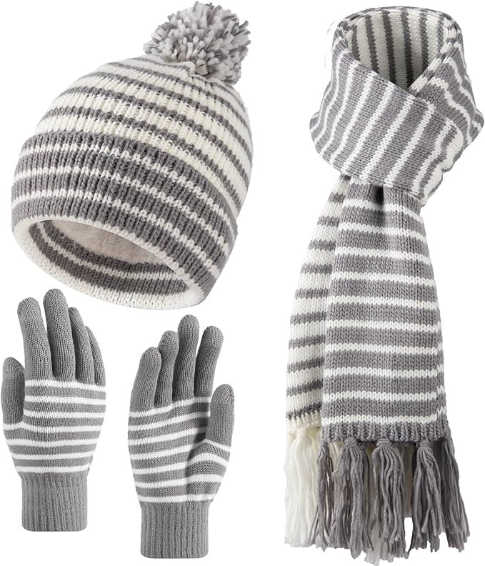Winter Beanie Hat Scarf Gloves Set for Women Warm Fleece Knit Pompom Hat Long Scarf Touchscreen G... | Amazon (US)