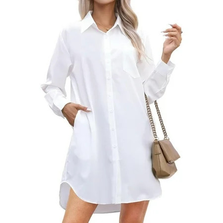 jinghuiyue Women's Button Down Shirt Dresses Long Sleeve Oversize Blouse Casual Long Shirts with Side Pockets L | Walmart (US)