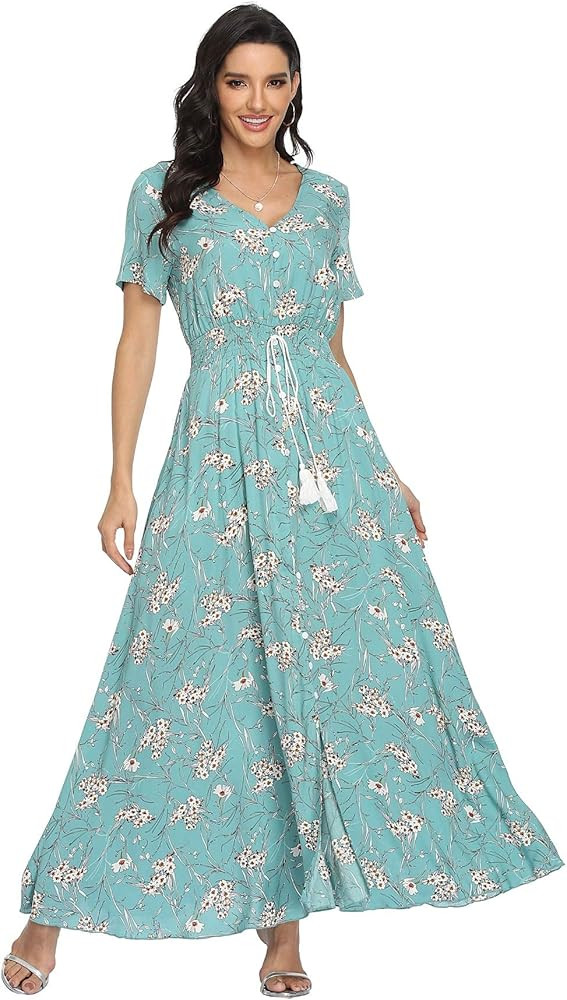 VintageClothing Women's Floral Maxi Dresses Boho Button Up Split Summer Casual Long Dress Beach P... | Amazon (US)