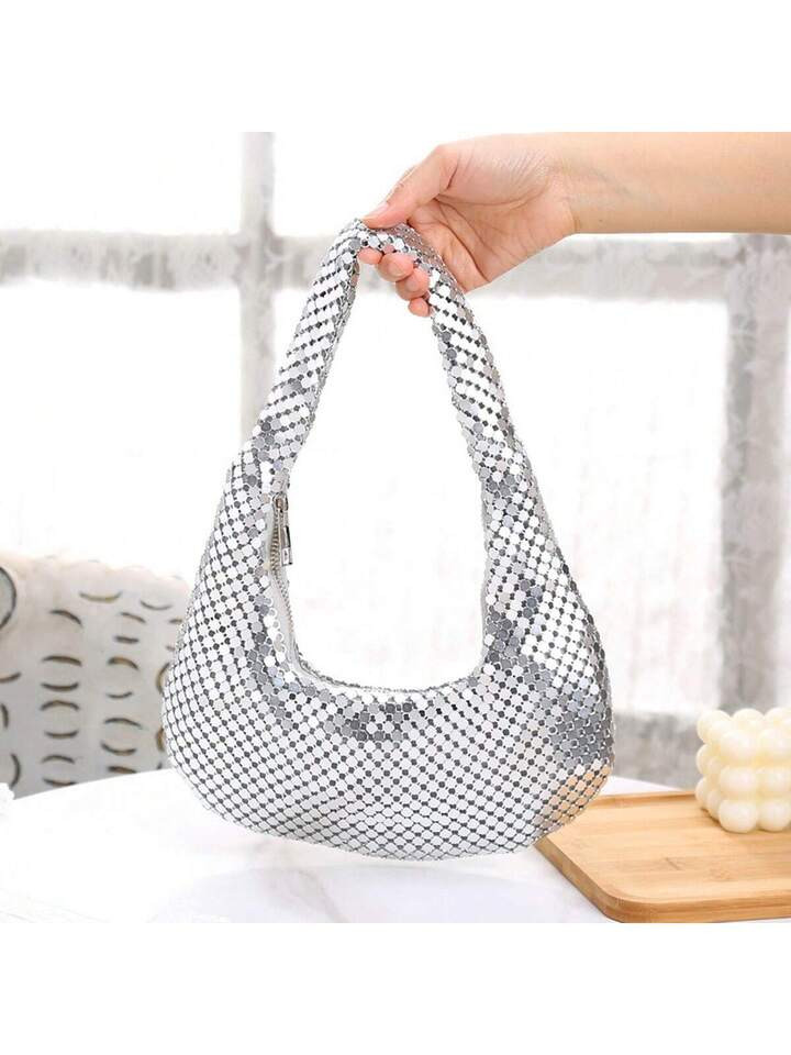 Women's Fashion Metal Underarm Bag, High-End Shiny Shoulder Bag For Party, Nightclub, Formal Occasion, Diamond Aluminum Foil Clutch Purse | SHEIN