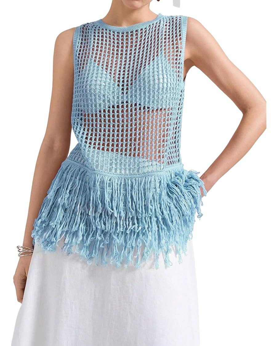 Milumia Women's Hollow Out Fringe Knitted Tank Top Sexy Sheer Sleeveless Long Sweater Vests | Amazon (US)