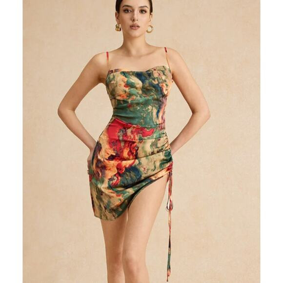 Micas Colorful Abstract Print Satin Slip Dress Mini Spaghetti Strap Large NWT | Poshmark