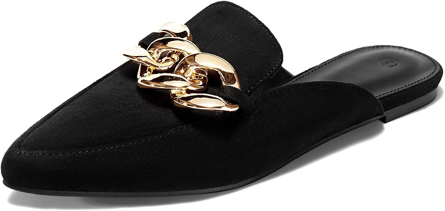 Juliet Holy Womens Mules Flats Pointed Toe Backless Loafers Slip on Metal Chain Slides | Amazon (US)