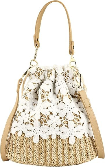 FENBEN Bamboo Handbag, Beach Purse Half Moon Bag, Straw Lace Woven Travel Sling Bag Shoulder Cros... | Amazon (US)