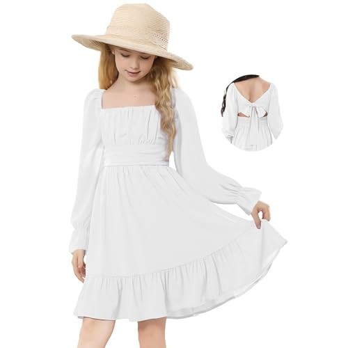 Durio Tie Back White Dress for Girls Off Shoulder Long Sleeve Girls Fashion Ruffle Dress Flower Girl Dress Party Dance Fairy Dresses 02 White 11-12 Years | Amazon (US)