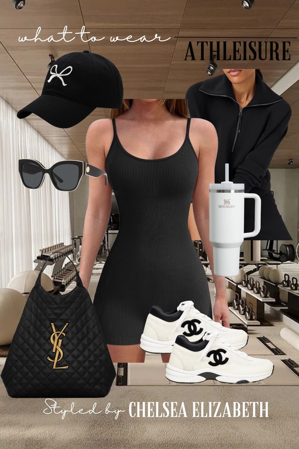 Athleisure Outfit - Pilates Outfit - Sporty Chic  ‼️Go to my IG - classicchelseaelizabeth link in bio for DHGATE LINKS  (No longer linkable on LTK) 💛  YSL BAG & CHANEL SNEAKERS
•••
Petite Style: Height 5’4, Weight 115, Bust 32DDD
Amazon Black Workout Romper - Small
Spanx Pullover Jacket - Small 
Amazon Baseball Cap 
Chanel Sneakers - 8 
Stanley Tumbler 
Tory Burch Sunglasses 
YSL Tote Bag | DHGate YSL bag | DHGate designer Saint Laurent bag 
Amazon Seamless Thong 
Aritzia Socks 
Amazon Pilates Socks 
•••
Amazon Outfits for every day | Amazon Outfits | Amazon Fashion | Amazon Fall Fashion | Everyday Outfits | Cute Outfits | Casual Chic  | Casual Outfits | Weekend Outfits | Errands Outfit | Coffee Run Outfit | Shopping Outfit | Comfy Outfits |  Comfy Sets | Comfy Chic | Monochromatic Outfit | Baseball Hat Outfit | Sneaker Outfit | Sporty Outfit | School Drop Off Outfit | Athleisure Outfits | Athleisure Outfits Amazon | Athleisure Outfits for Errands | Athleisure Summer | Athleisure Fall | Amazon Workout | Amazon Athleisure | Amazon Athletic Wear | Gym Outfit | Workout Outfit | Athletic Outfits | Athletic Wear | Theme Park Outfit | Pilates Outfit | Pilates Set | Yoga Outfit | Travel Outfit | Travel Outfit Amazon | Airport | Airport Looks | Airport Style | Airport Travel | Airport Fashion | Airport Outfit Amazon | Airport Travel Outfit Amazon | Amazon Airport Outfits |  Airplane Outfit | Airplane Travel Outfit | Plane Outfit | Comfy Travel Wear | old money looks | old money aesthetic | old money fashion | old money style | old money outfits | old money style women | neutral outfit | neutral style | classic style | classic outfits | chic outfits | chic style | casual chic | quiet luxury | minimalist | minimalist fashion | capsule wardrobe | petite outfits | designer look for less | look for less | save or splurge | save vs splurge | splurge or save | designer inspired | dupes | designer dupes | designer | 

#LTKOver40 #LTKStyleTip #LTKSeasonal #LTKPetite #LTKFindsUnder100 #LTKShoeCrush #LTKActive #LTKTravel #LTKFindsUnder50 #LTKItBag
