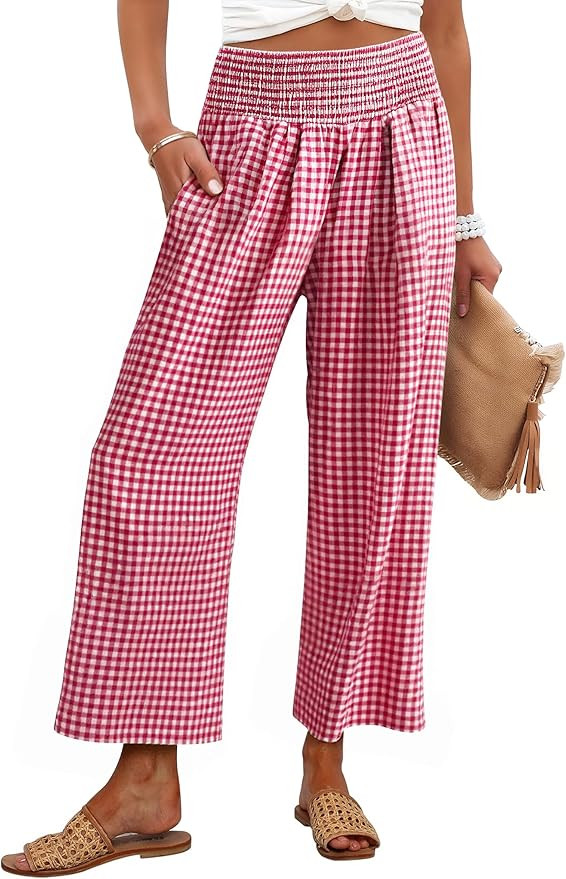 ANRABESS Women Striped Gingham Wide Leg Palazzo Pants Casual Lounge Cropped PJ Bottoms Comfy Cute... | Amazon (US)