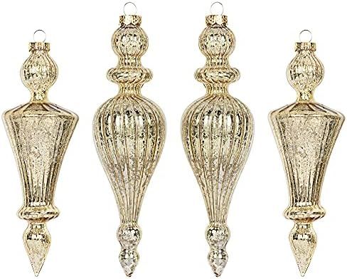 KI Store Mercury Glass Finial Champagne Gold Christmas Ornaments Set of 4 Large Hanging Christmas... | Amazon (US)