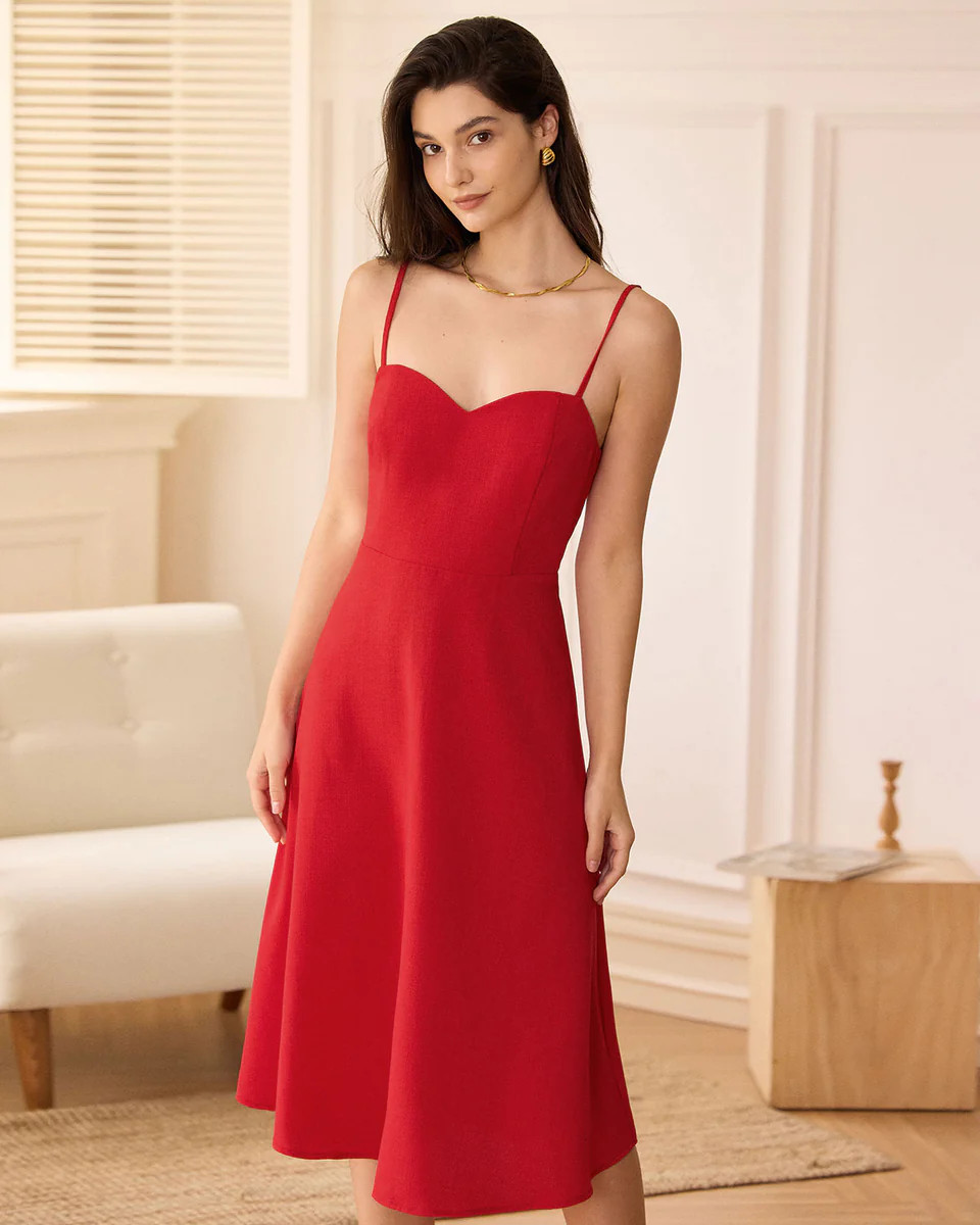 The Red Sweetheart Neck Slip Midi Dress | rihoas.com