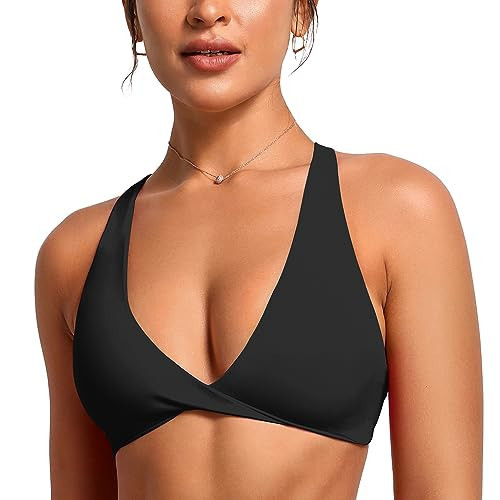 VANTONIA Womens Butterluxe Twist Front Sports Bra Deep V-Neck Crop Top Strappy Cross Back Bra with Nipple Covers-Vivi Bra Black Medium | Amazon (US)