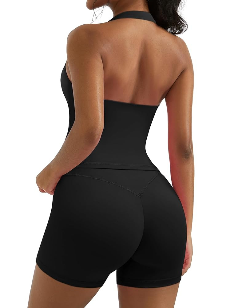 OMKAGI 2 Piece Workout Sets for Women Halter Sports Bra Tank Gym Biker Shorts Outfits | Amazon (US)