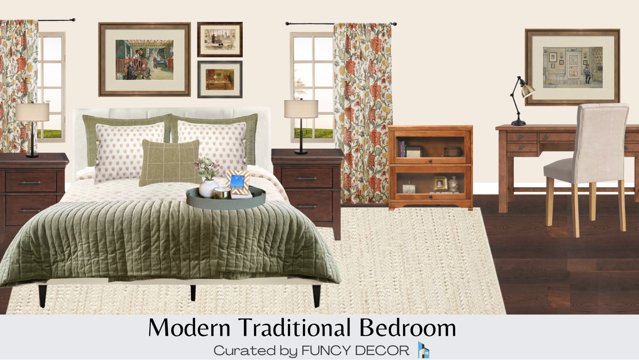This modern take on a traditional style bedroom is warm and inviting. This look is curated from Pottery Barn, Target and Wayfair. 