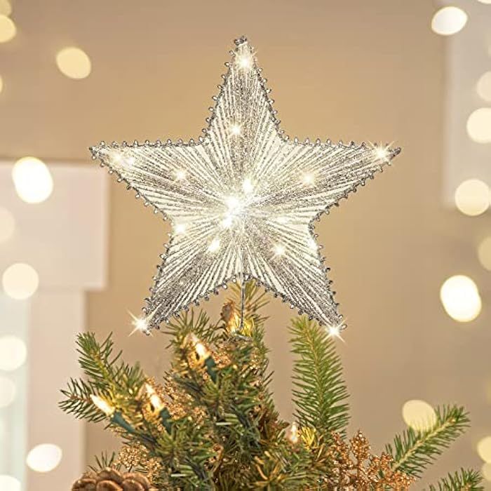 Luxspire Christmas Star Tree Topper, Silver Glitter 3D Star Tree Top with LED Lights for Christma... | Amazon (US)