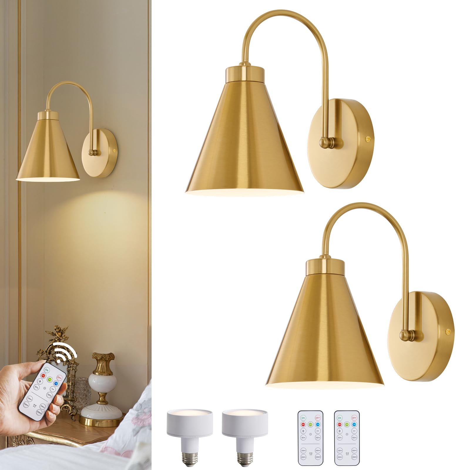 Vintage Cordless Gooseneck Battery Operated Wall Sconces Set of 2, Gold Bedside Battery Powered Wall Decor Lamps with Remote Control, Wireless Indoor LED Lights Fixture for Bedroom Hallway | Amazon (US)