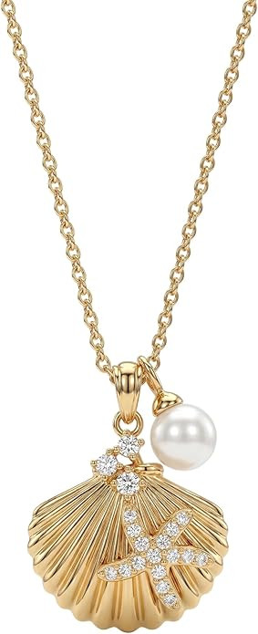 MEVECCO Ocean Pendant Necklace for Women, 18K Gold Plated Imitation Pearl Cubic Zirconia Boho Bea... | Amazon (US)