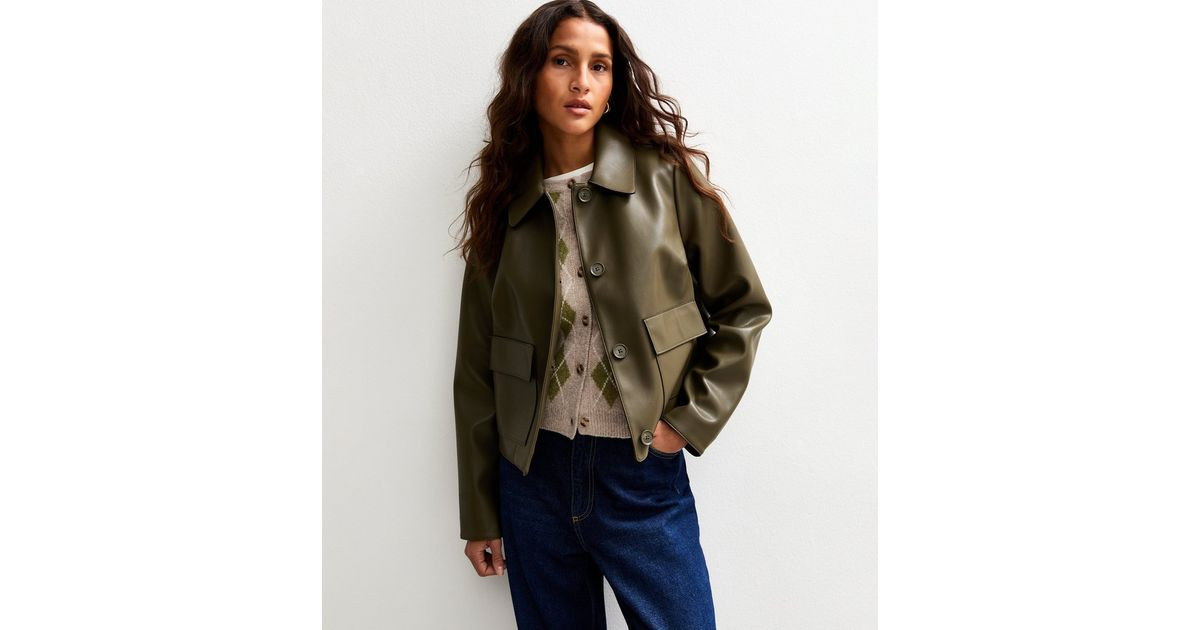 Olive Faux Leather Patch Pocket Jacket | New Look | New Look (UK)