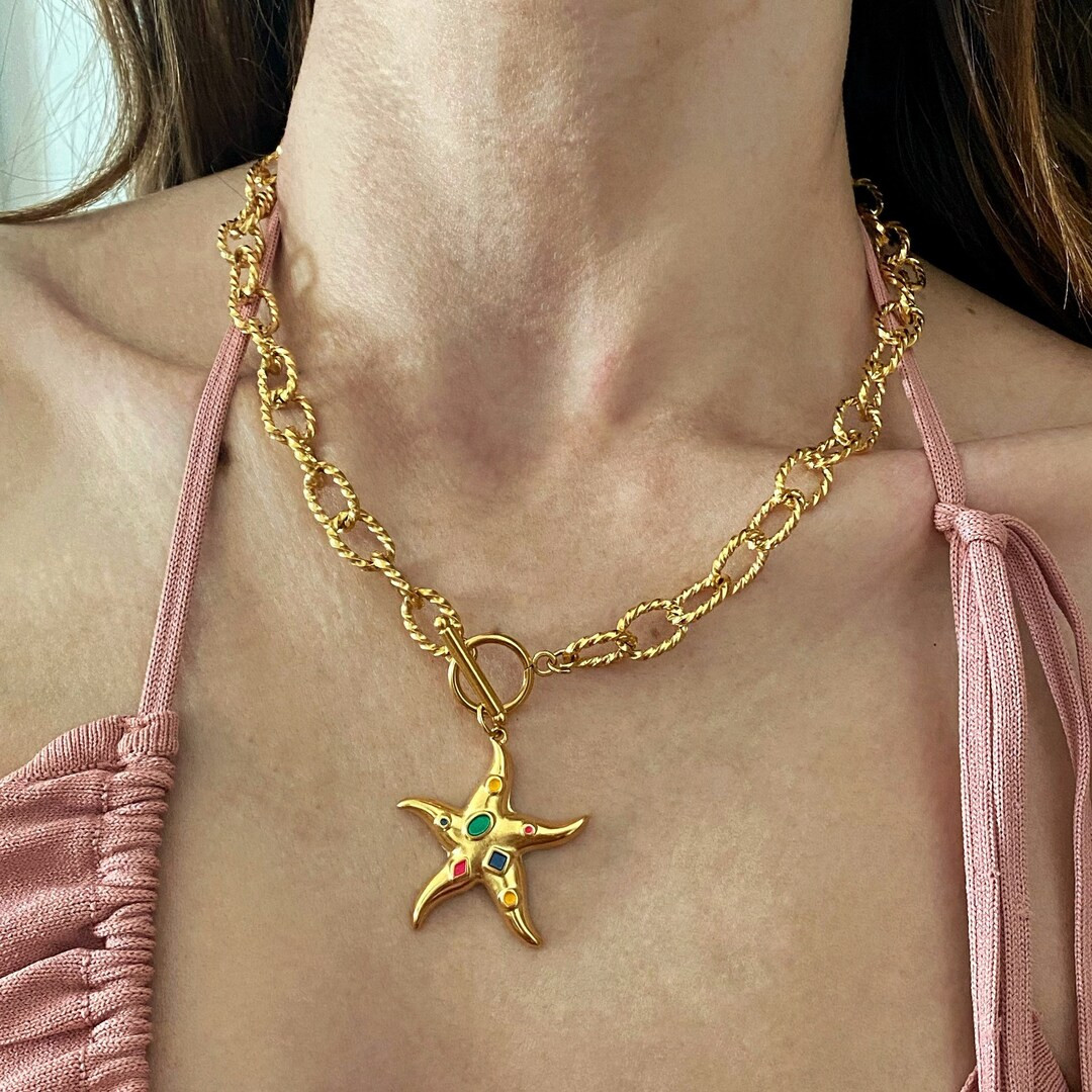 Gold plated Starfish necklace, chunky gold necklace, aesthetic jewelry, modern y2k jewelry, merma... | Etsy (US)