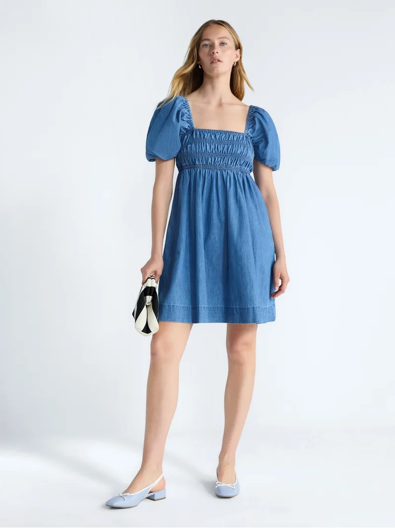 Free Assembly Women's and Women's Plus Smocked Cotton Peasant Mini Dress with Puff Sleeves, Sizes... | Walmart (US)