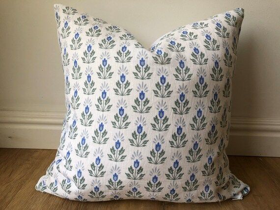 Caitlin Wilson Blue Lotus block print modern glam chic pillow cover french blue green extra long ... | Etsy (US)