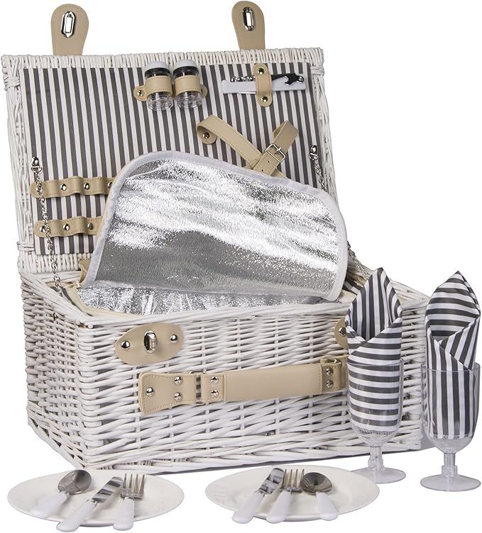 Picnic Basket for 2 Wicker Picknick Basket Set with Insulated Cooler for Outing Camping, White, G... | Amazon (US)
