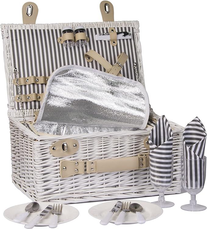 Picnic Basket for 2 Wicker Picknick Basket Set with Insulated Cooler for Outing Camping, White, G... | Amazon (US)
