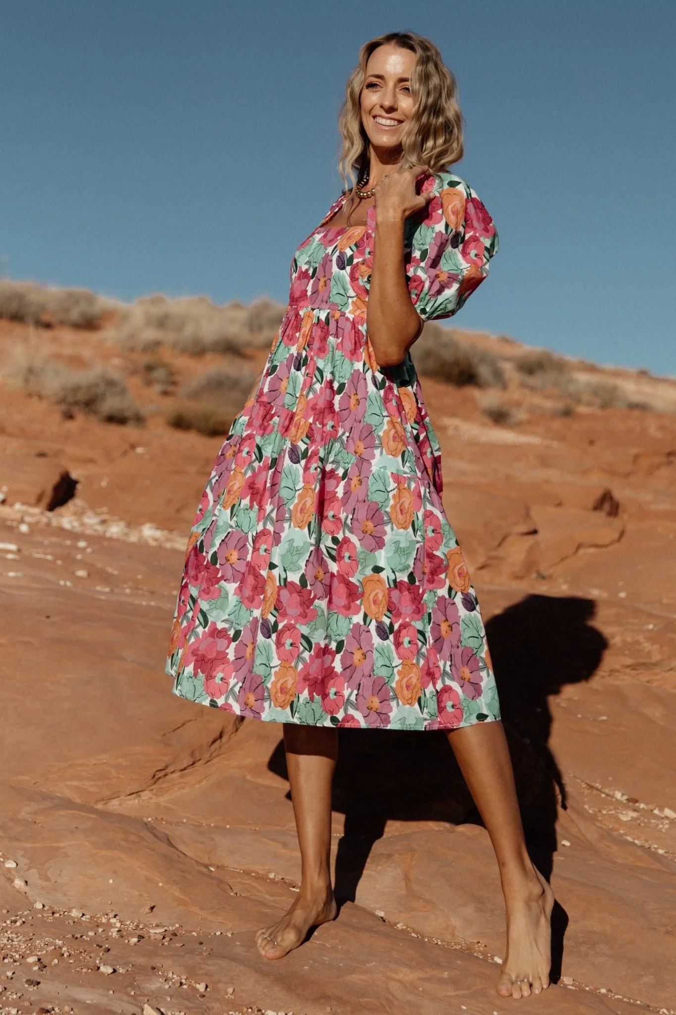 Aimee Puff Sleeve Midi Dress | Pink Multi | Baltic Born