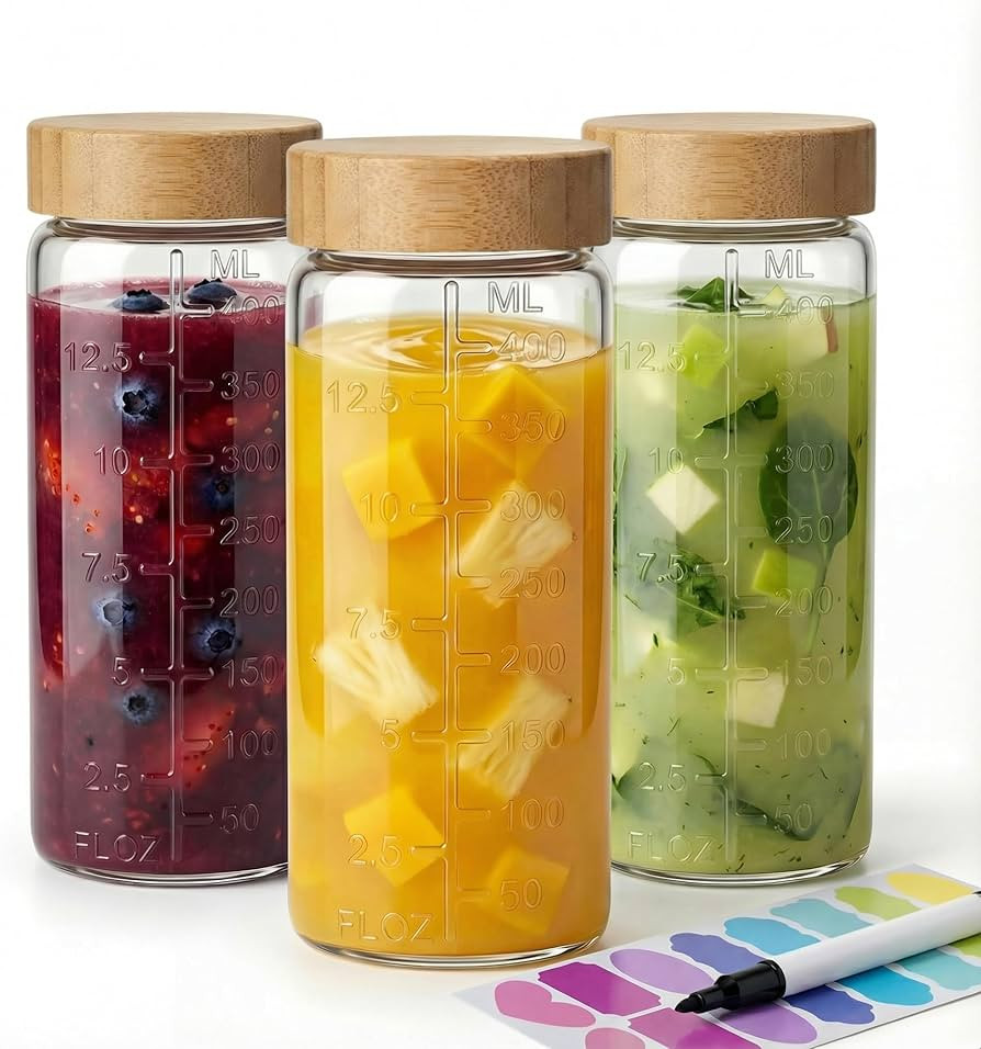 HomArtist 16oz Round Glass Juice Bottles with Lids, 3 Pack Reusable Juice Containers with Bamboo ... | Amazon (US)