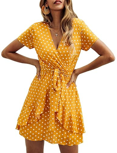 BTFBM Women V Neck Short Sleeve Polka Dot Floral Pattern A-Line Tie Belt Short Dress with Ruffle ... | Amazon (US)