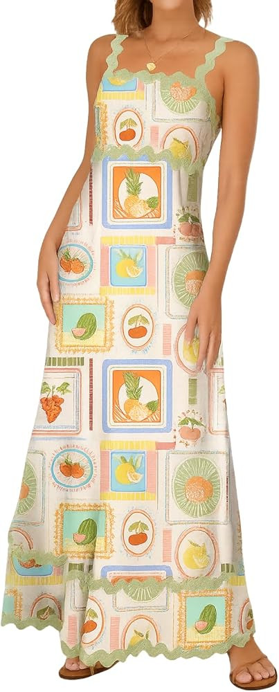 Women's Classy Sleeveless Lemon Print Maxi RIC Rac Dress | Amazon (US)