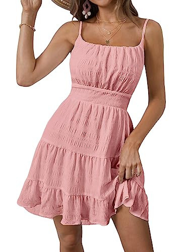 WDIRARA Women's Summer Textured Ruched Shirred Ruffle Hem A Line Dress High Waist Short Cami Dress Solid Pink L | Amazon (US)