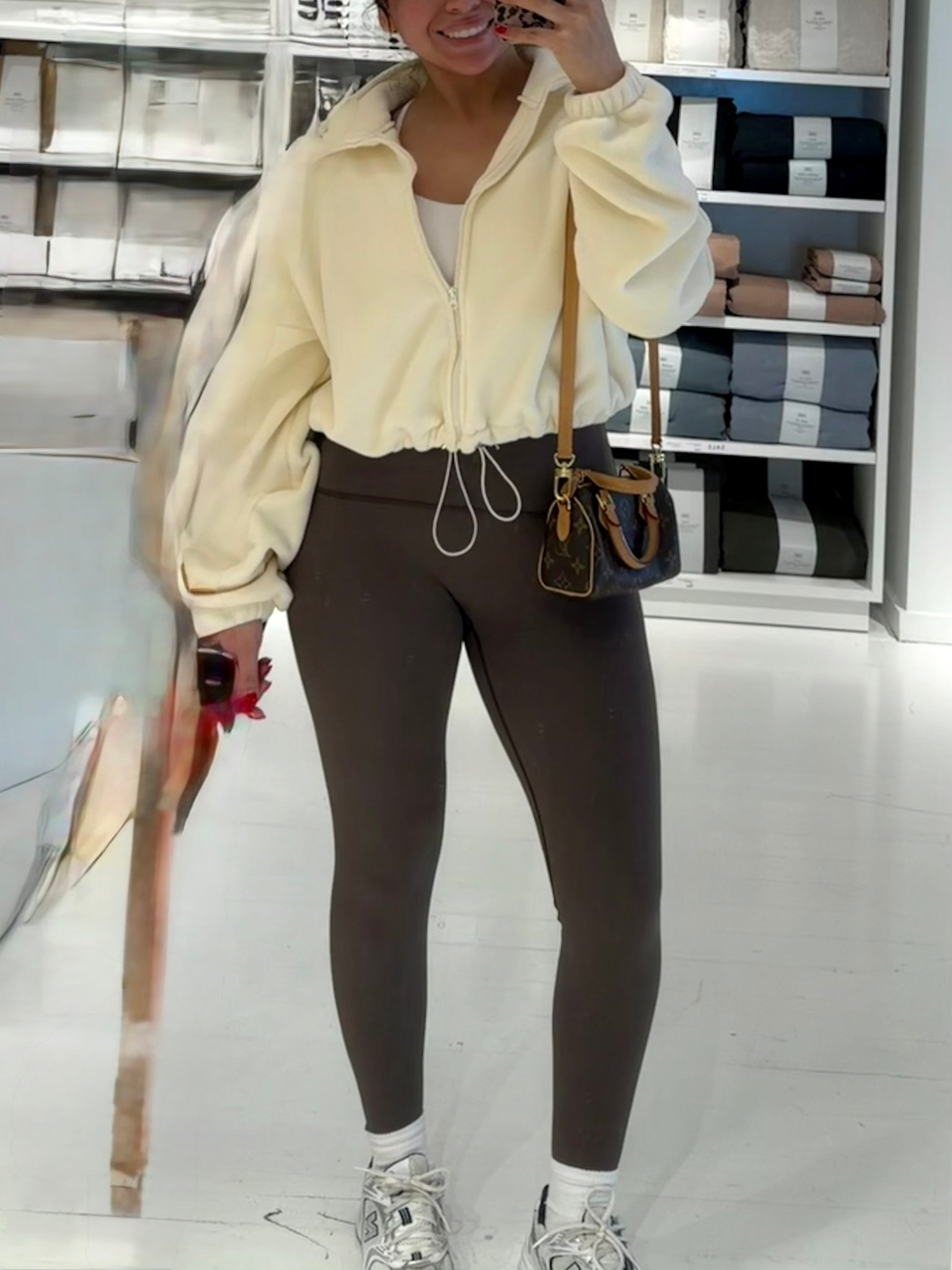 Zip jacket: small 
Leggings: small 
Sneakers: 4.5 men 
White ankle socks 
LV nano speedy 

#LTKActive #LTKgrwm #LTKootd