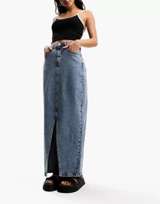 ASOS DESIGN Hourglass denim midi skirt with split hem in midwash | ASOS (Global)