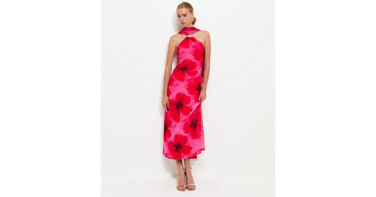 Dark Pink Floral Halter Scarf Detail Mesh Midi Dress | New Look | New Look (UK)
