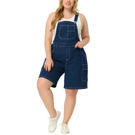 Agnes Orinda Plus Size Overall Shorts for Women Jumpsuit Adjustable Strap Bib Cargo Pocket Jean Denim Overalls 2X Dark Blue | Walmart (US)