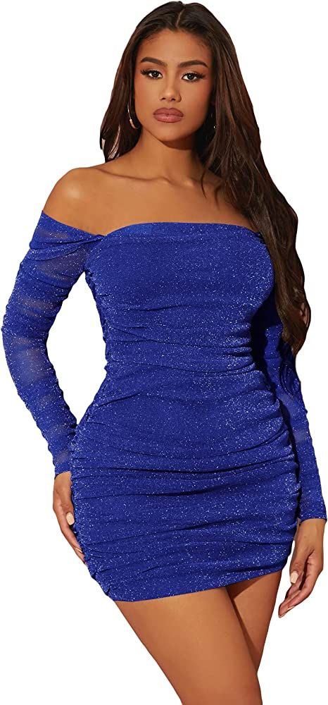 WDIRARA Women's Off The Shoulder Long Sleeve Ruched Glitter Cocktail Party Bodycon Mini Dress | Amazon (US)