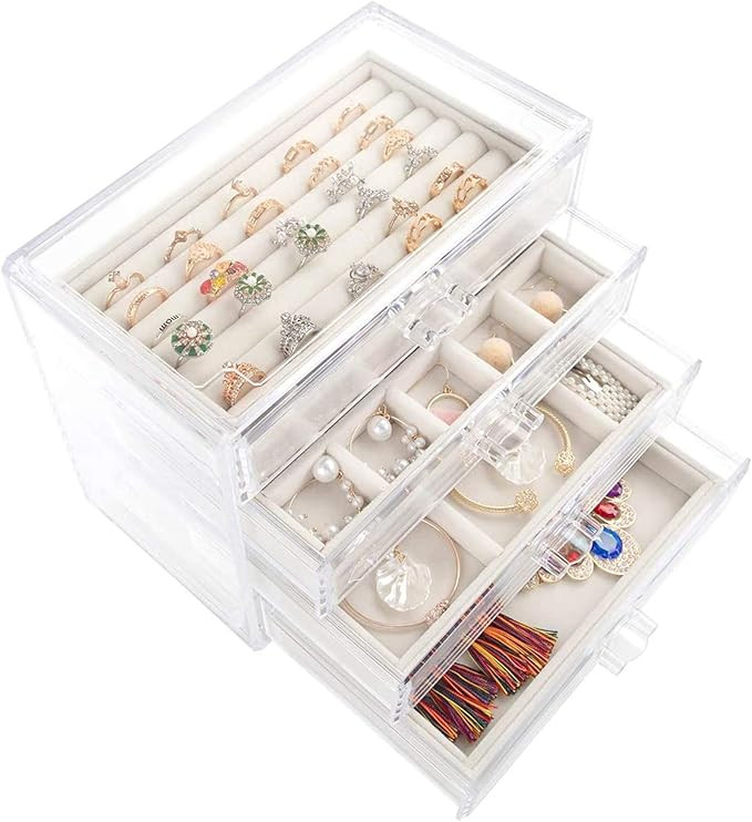 Mebbay Acrylic Jewelry Box with 4 Drawers, Velvet Jewelry Organizer for Earring Necklace Ring & B... | Amazon (US)
