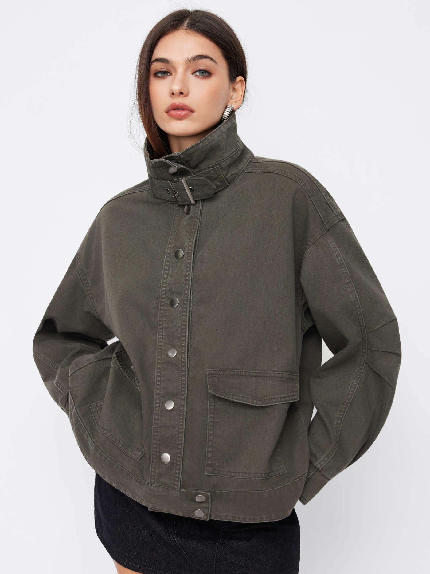 Denim Two Way Denim Funnel Neck Belted Pleated Oversized Jacket For Daily Casual | Cider
