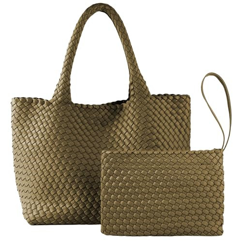 SporGenius Woven Tote Bag for Women, Vegan Leather Handwoven Bags with Small Handmade Purse, Large Travel Braided Top Handle Handbags (Olive Green) | Amazon (US)