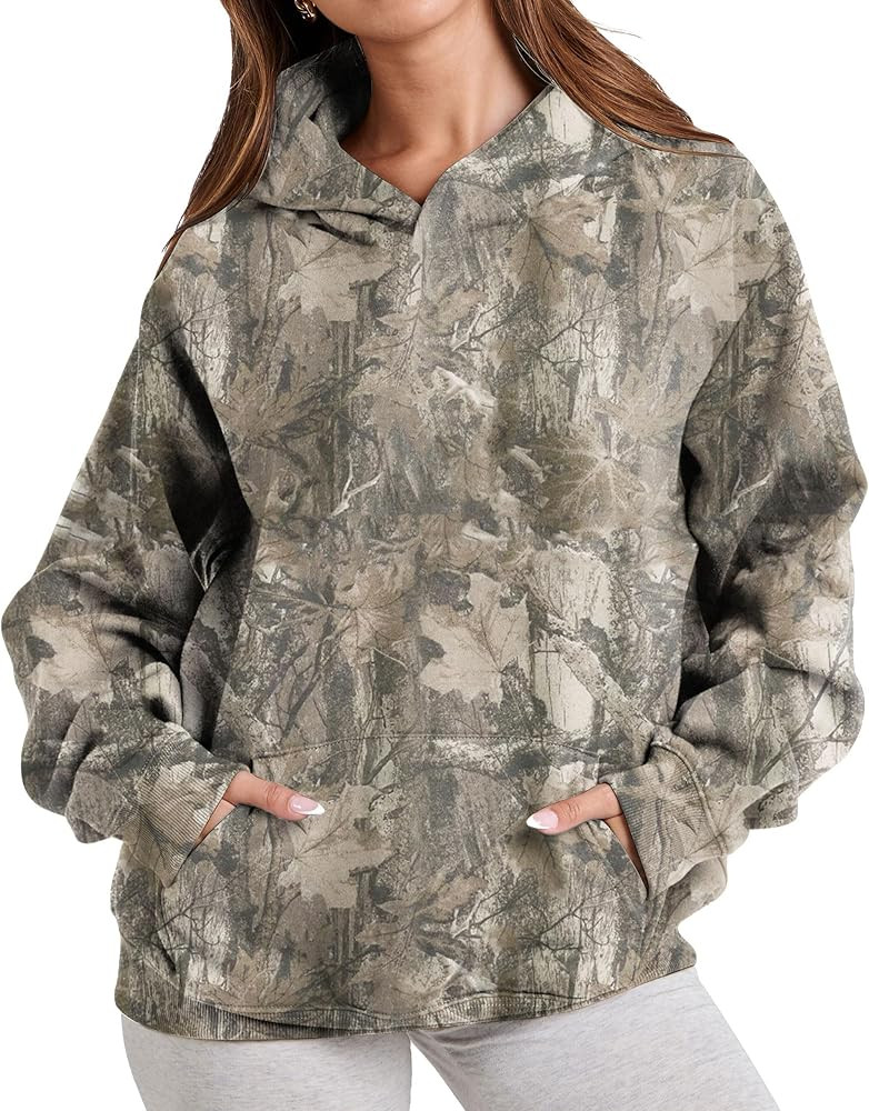 Womens Camo Hoodies Maple Leaf Print Oversized Hooded Sweatshirt Fleece Pullover Sweatshirts Long... | Amazon (US)
