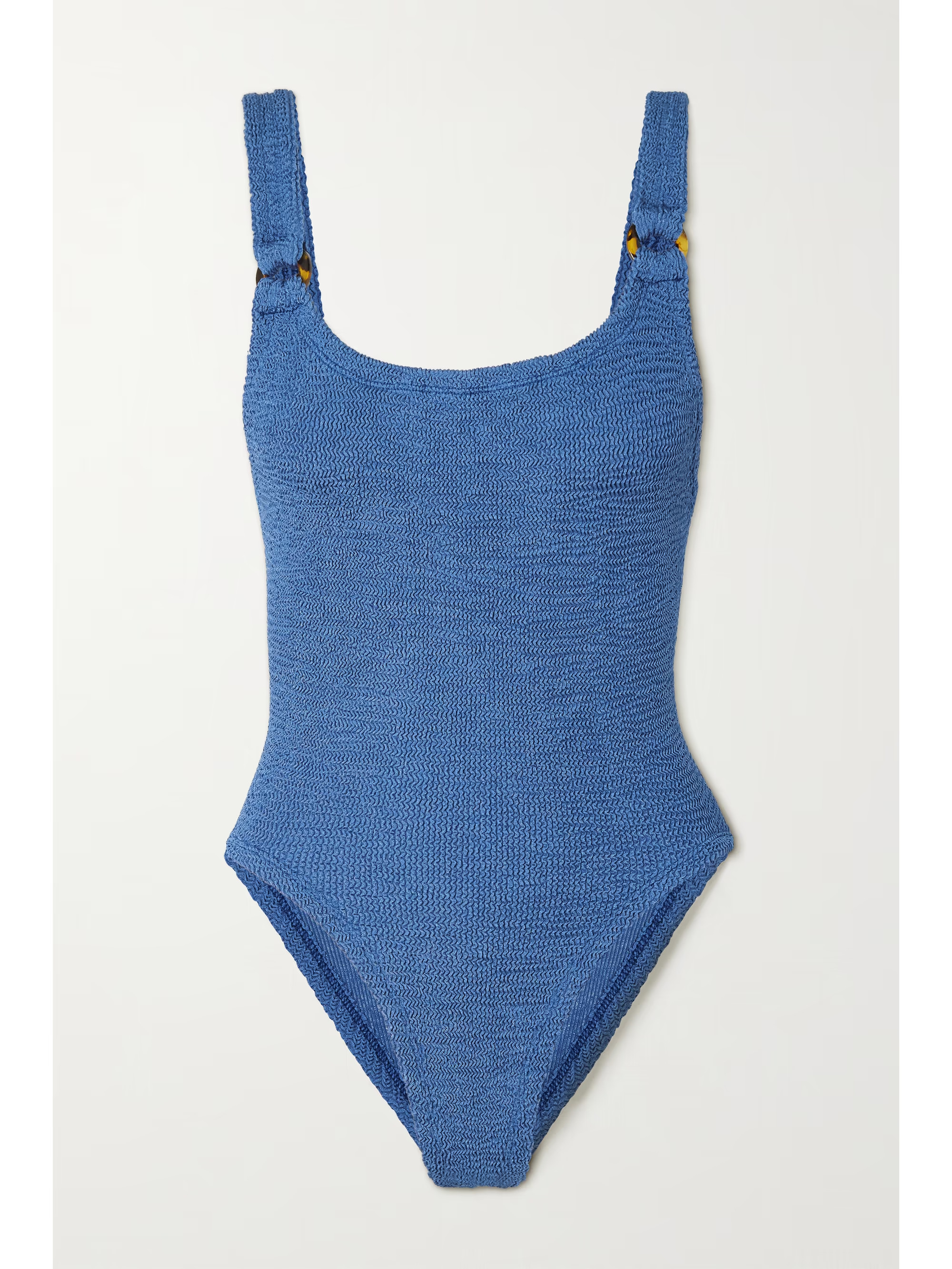 Blue + NET SUSTAIN Domino embellished seersucker swimsuit | HUNZA G | NET-A-PORTER | NET-A-PORTER (US)