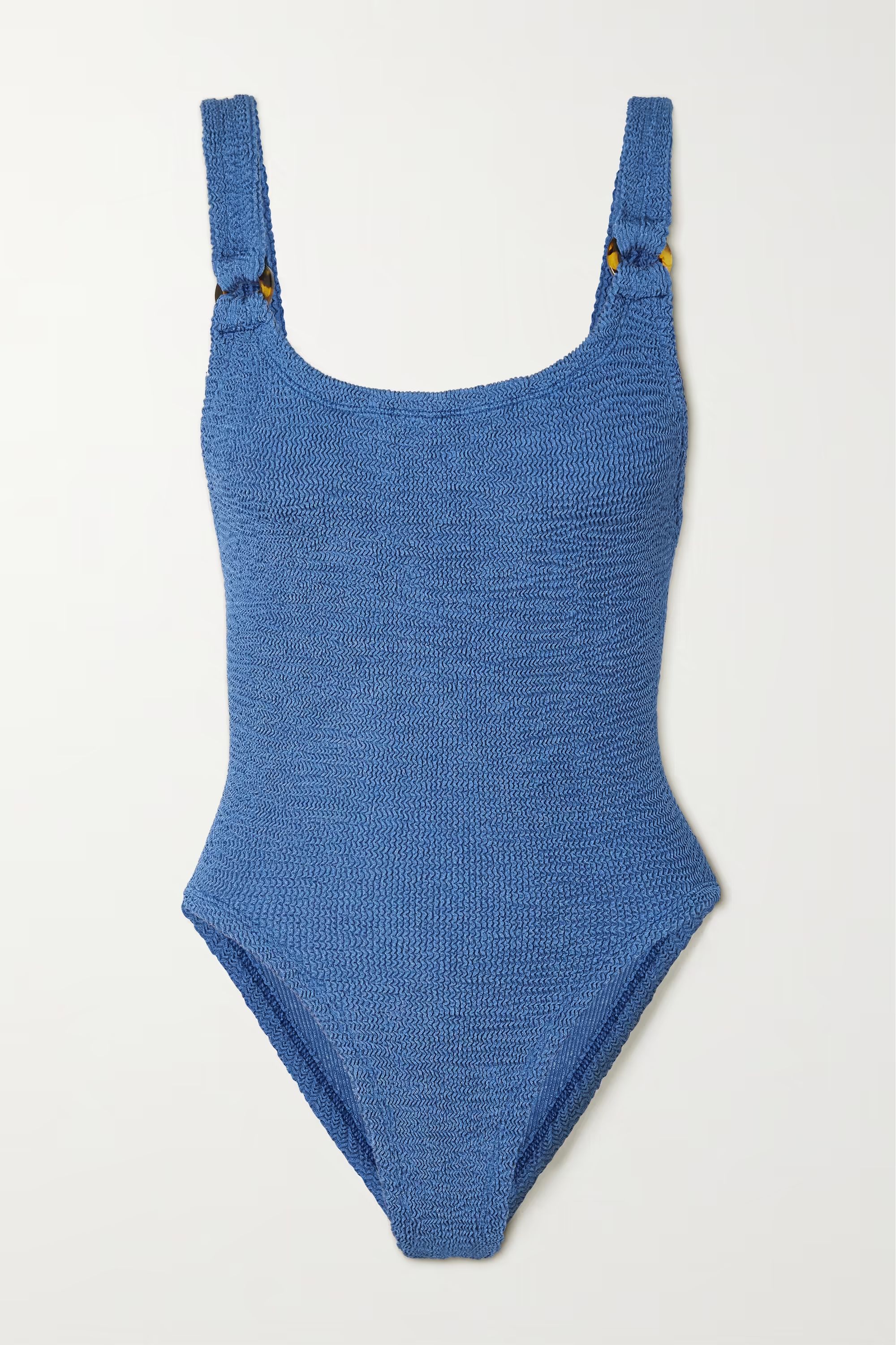 Blue + NET SUSTAIN Domino embellished seersucker swimsuit | HUNZA G | NET-A-PORTER | NET-A-PORTER (US)