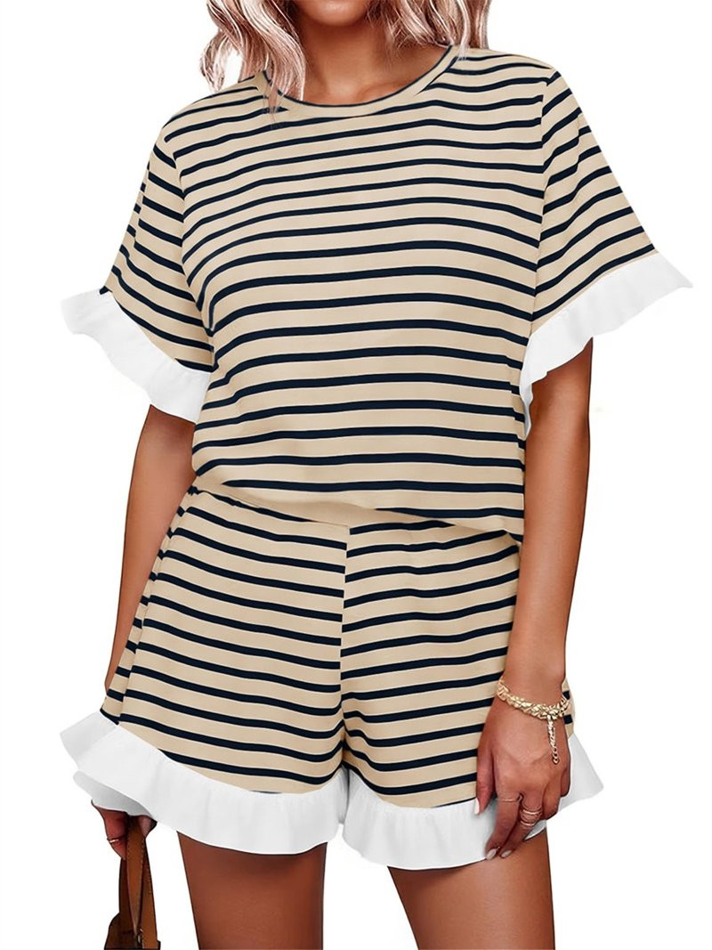 Short Sleeve Stripe Print Women 2 Piece Sets Ruffle Shirt and Shorts Outfit | Walmart (US)