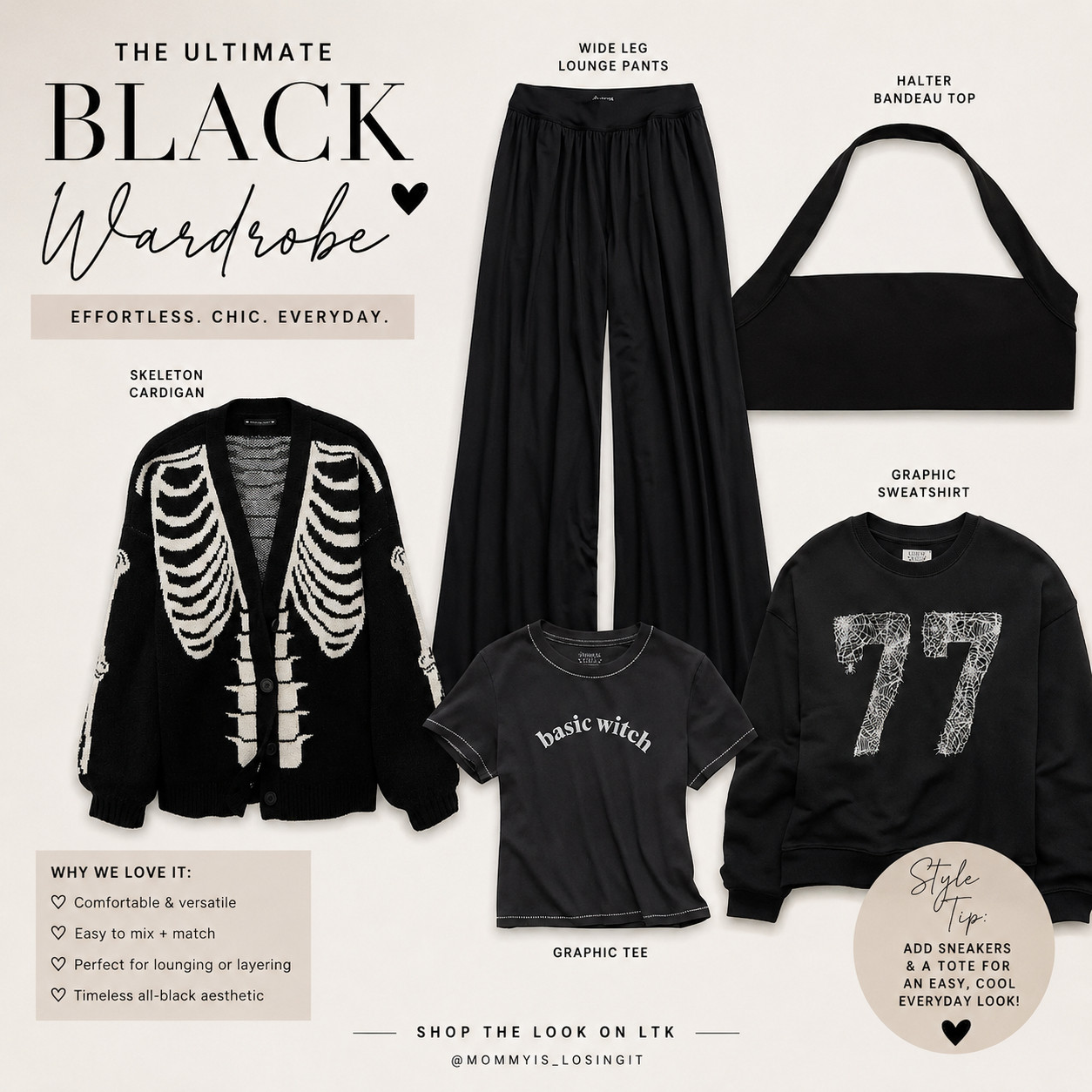 The Ultimate Black Halloween Capsule Wardrobe 🖤🎃


Halloween style doesn't have to mean a full costume. I'm loving elevated spooky pieces that you can actually wear all season long. This all-black capsule is comfy, versatile, and perfect for everything from pumpkin patches and school events to coffee runs and cozy nights in.

These wide-leg pants are unbelievably comfortable, the skeleton cardigan is the statement piece, and the graphic tops make it easy to create effortless Halloween outfits you'll reach for again and again.

Save this look for Halloween outfit inspiration and shop everything on my LTK before these seasonal favorites sell out!

#LTK #LTKStyle #LTKSeasonal #HalloweenStyle #HalloweenOutfit #SpookySeason #FallFashion #BlackOutfit #CozyStyle #MomStyle #CasualChic #CapsuleWardrobe #GraphicTee #HalloweenCardigan #WideLegPants #EverydayStyle #AmazonFashion #AmericanEagle #FallOutfits #OOTD 

 